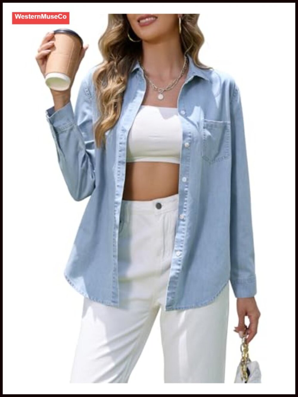 Denim Shirt Long Sleeve Button Down Chambray Blouse